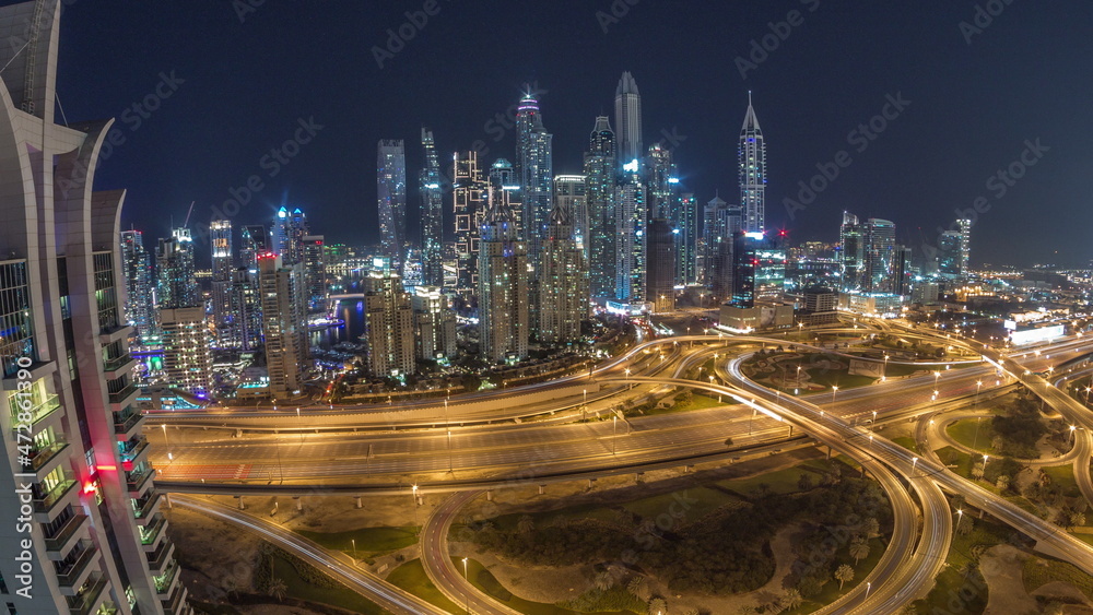 Dubai Marina highway intersection spaghetti junction all night timelapse