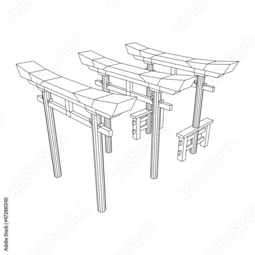 Torii sacred traditional gate. Symbol of Japan,shintoism religion. Japanese Tori arch ancient entrance. Wireframe low poly mesh vector illustration