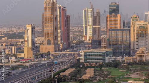 Photography Aerial view of Sheikh Zayed Road in Dubai Internet City area timelapse
