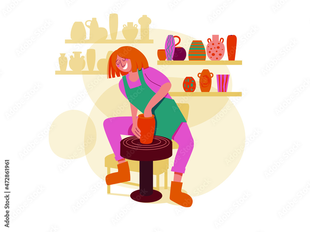 Ceramics studio interior with ceramics and working woman..A woman potter makes a clay pot. Vector illustration.