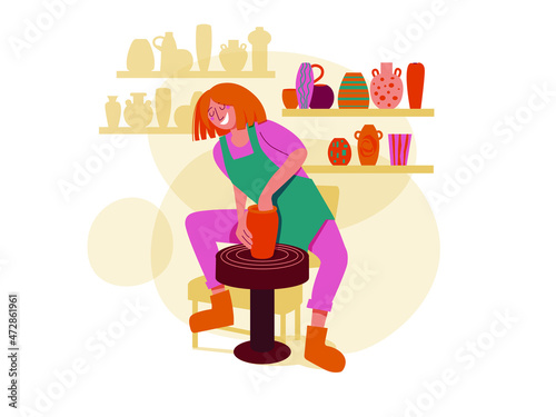 Ceramics studio interior with ceramics and working woman..A woman potter makes a clay pot. Vector illustration.