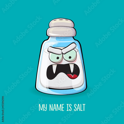 Cute cartoon salt shaker with smiling faces isolated on turquoise background. Funky Kawaii salt character. My name is salt concept illustration for printing on tee