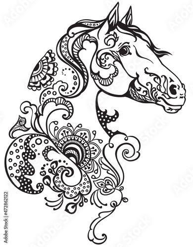horse head floral style. Mehndi henna tattoo. Black and white vector illustration