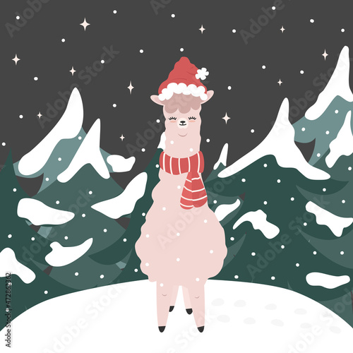 cute christmas cartoon character llama in the snow with red santa claus hat and scarf funny winter season holidays vector illustration for greeting card