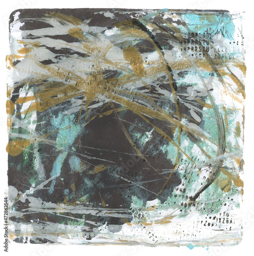 Art Abstract color acrylic and watercolor square monotype painting. Gel printing plate. Canvas stain texture background. Isolated on white. © Liliia