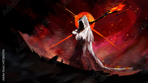 a reaper in a white robe with a hood walks with a torch in his hands against the background of a red moon and fog. his face is not visible, and sparks of fire are flying in the background. 2d art