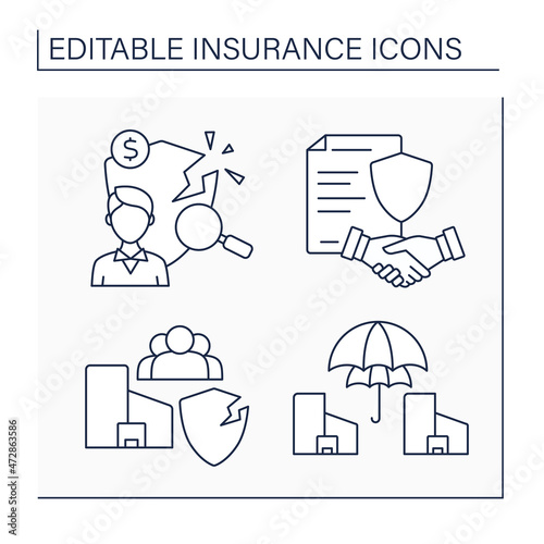 Insurance line icons set. Loss adjuster, policy, reinsurance, public liability. Business concept.Isolated vector illustrations. Editable stroke