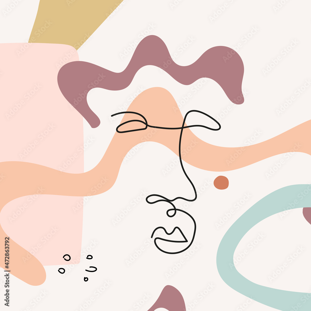 Obraz premium Face with abstract shapes in line art style are isolated. Contemporary hand drawn vector illustrations with continuous line face in minimalistic elegant concept. Design for postcard, poster, textile