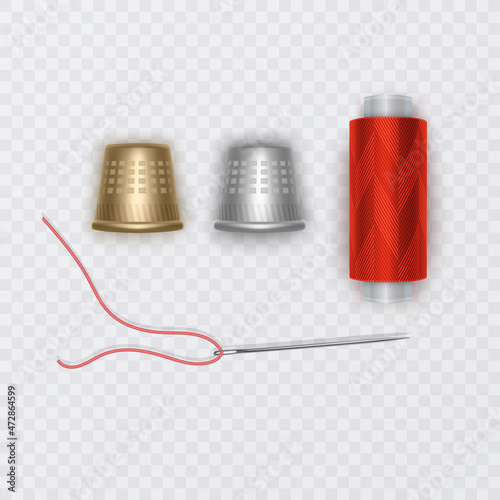Tailor set. Reel with threads, needles for dressmaking, needlework. Sewing atelier collection. Metal thimble for handmade or hobby