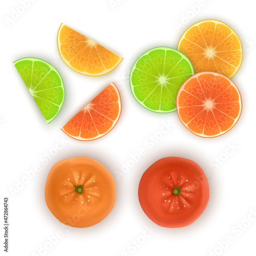 Fototapeta Naklejka Na Ścianę i Meble -  Fresh tangerines with green leaves and orange, vector format
