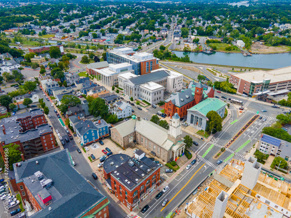 Salem Probate, Family Court, District Court and Trial Court on Federal Street aerial view in city center of Salem, Massachusetts MA, USA. 