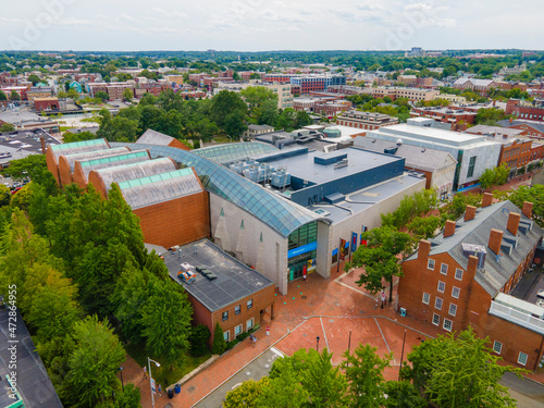 Photography Peabody Essex Museum PEM aerial view at 161 Essex Street in historic city center of Salem, Massachusetts MA, USA