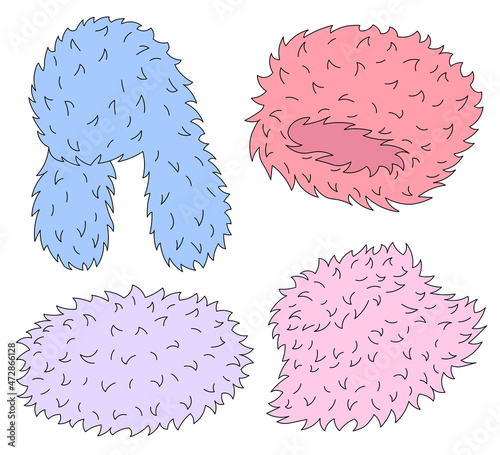 Set of four colorful fur winter hats drawings. Trapper hat, hat with ear flaps, bucket hat. Vector hand drawn illustration isolated on white background.