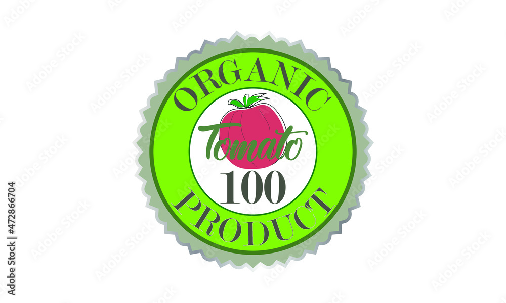 Green organic clean food logo - tomato. The label is suitable for packaging, green eco bio product, business, environment and label