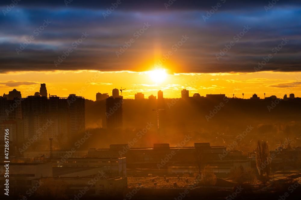 Panorama sunset landscape in city with building silhouette, Kiev city