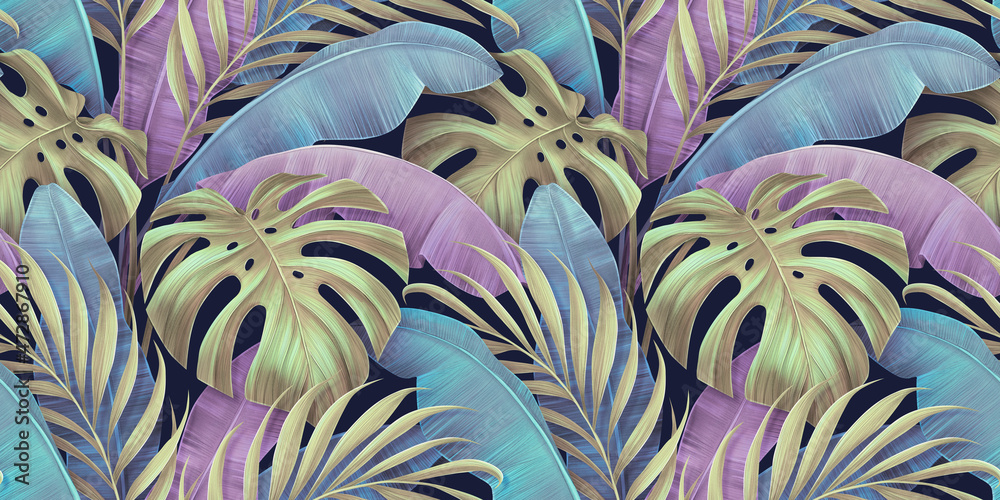 custom made wallpaper toronto digitalTropical luxury seamless pattern, pastel banana leaves, golden palm. Hand-drawn exotic vintage 3D illustration. Dark glamorous bright background design. For wallpapers, cloth, fabric printing, goods