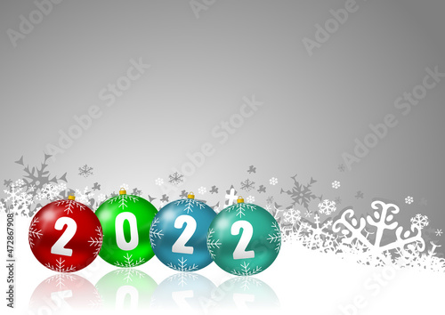 Happy new year 2022 illustration with snowflakes and colorful christmas balls, winter concept greeting card © Alex White