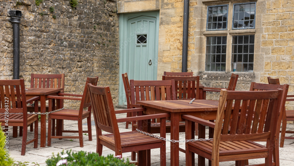 Outdoor dining area with wooden seats