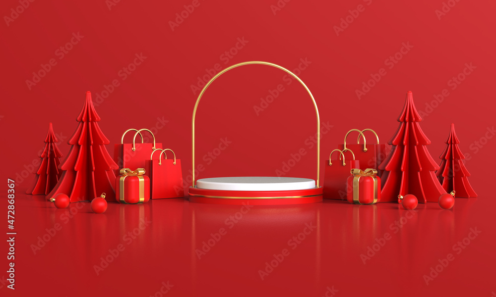 3d rendering scene of Christmas holiday concept decorate with displays podium or pedestal, tree, shop bags, and christmas ball for mockup and products presentation.