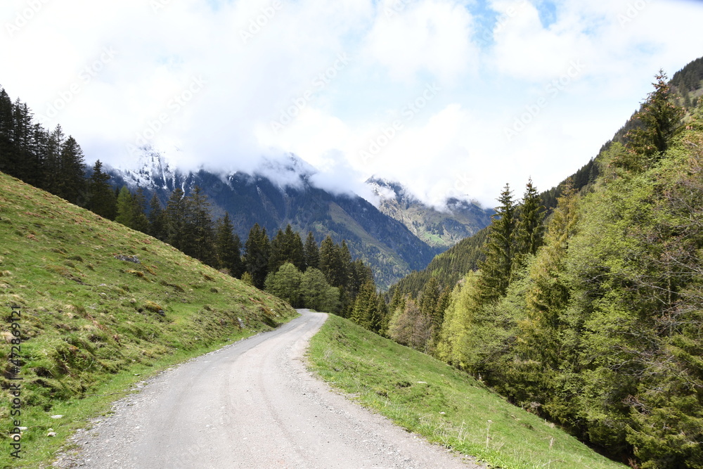 Szlak w górach z widokiem na ośnieżone, zachmurzone szczyty Alp