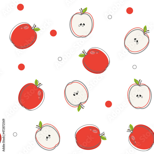 Seamless pattern with a red apple on a white background, illustration of a flat apple with lines. pattern for textile, fabric, wallpaper
