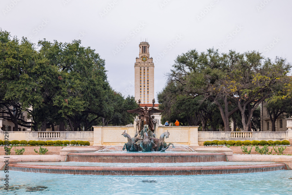 Overcast view of the UT Tower of University of Texas at Austin