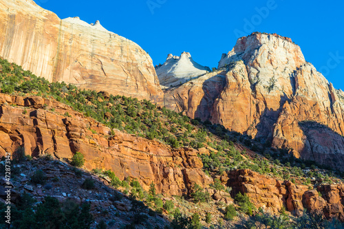 USA, Utah, Morning sunlight lights up the sandstone cliffs of Zion National Park.