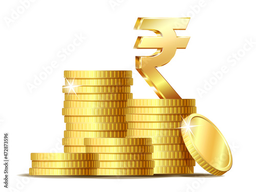 Stack of coins with Shiny golden Indian Rupee currency symbol.