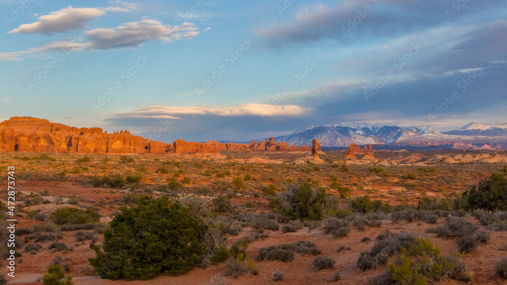 USA, Utah, Panoramic view of Cove of Caves and North Window and Turret Arches in Arches National Park.