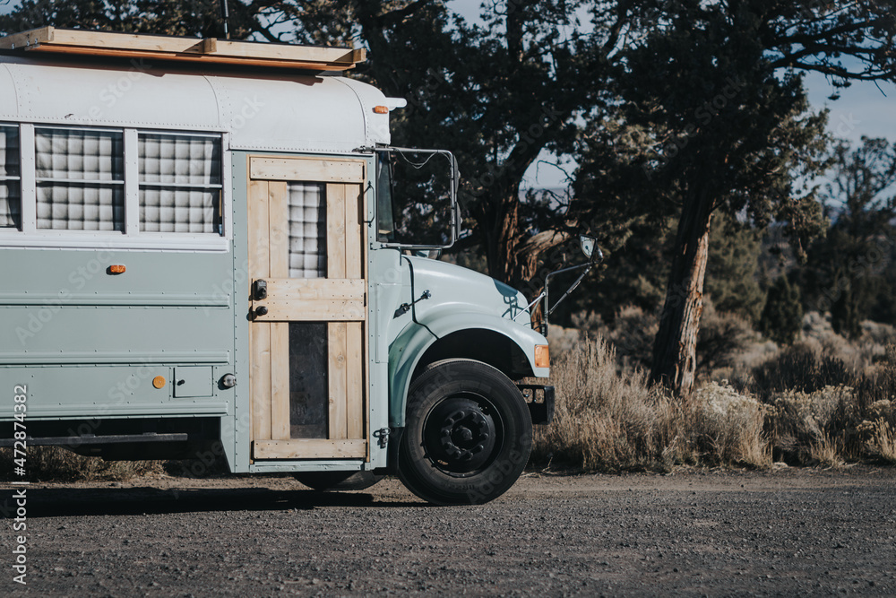 Custom vintage converted school bus used for van life travel in Central Oregon