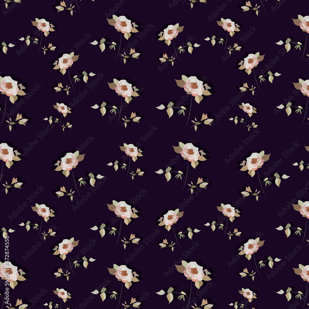 Pattern of bush roses in pastel colors on a purple background