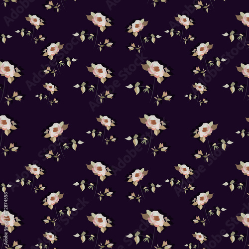 Pattern of bush roses in pastel colors on a purple background