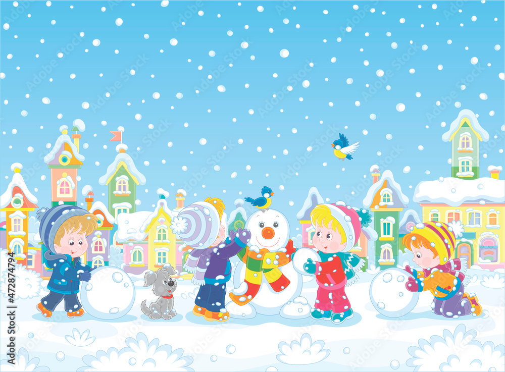 Happy little kids making big snow balls and sculpting a funny snowman with a colorful striped scarf on a winter playground in a snowy park of a pretty small town, vector cartoon illustration