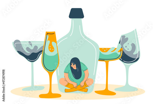 Alcohol abuse and depression problem of female. Woman alcoholism social problem.