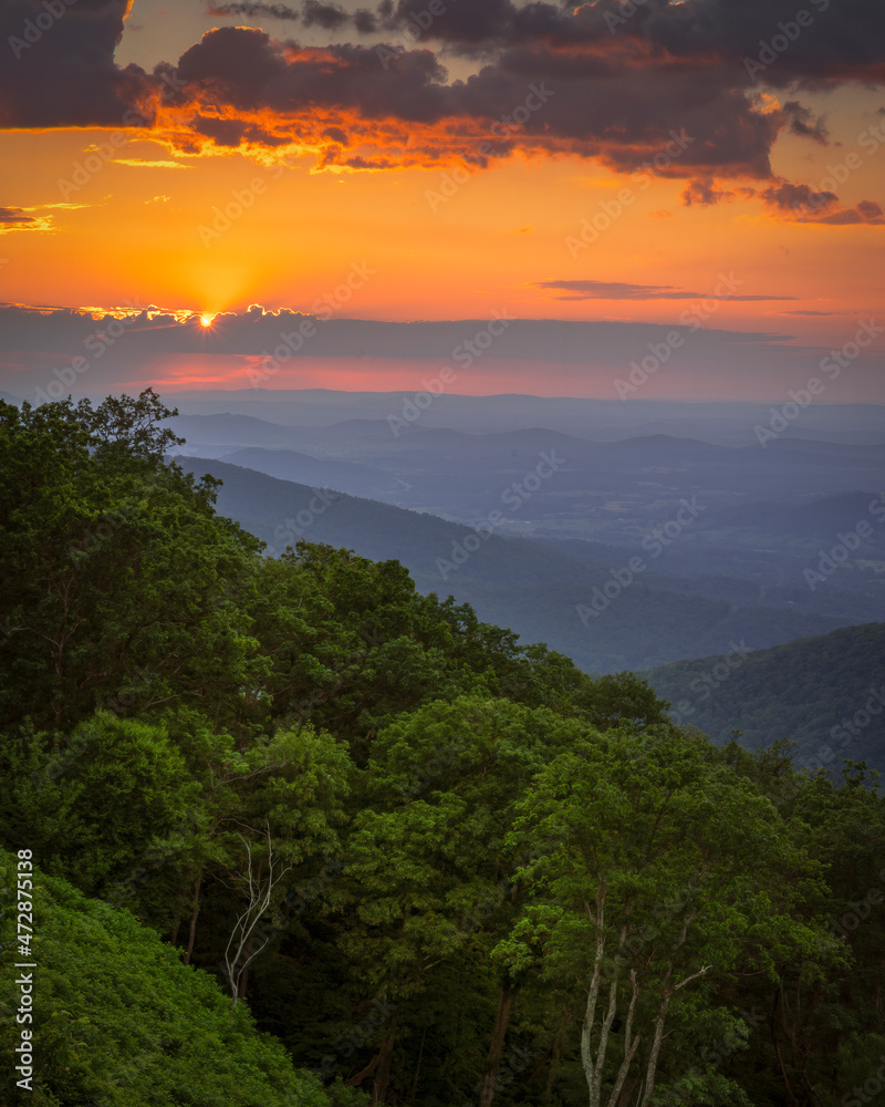 USA, Virginia, Shenandoah National Park. Sunrise over Blue Ridge Mountains.