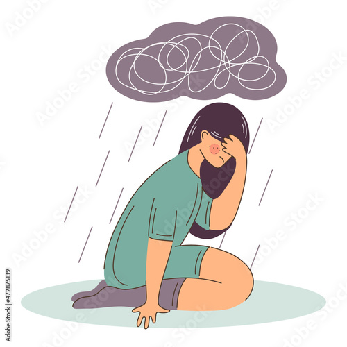 Woman suffers from depression mental health diseases. Sitting under rain cloud with heavy thoughts. 