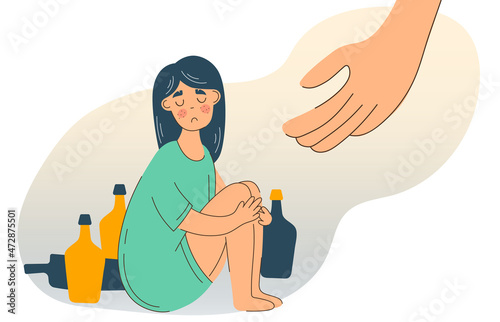 Alcohol abuse depression problem of female. Hand of Help to Woman with alcoholism concept
