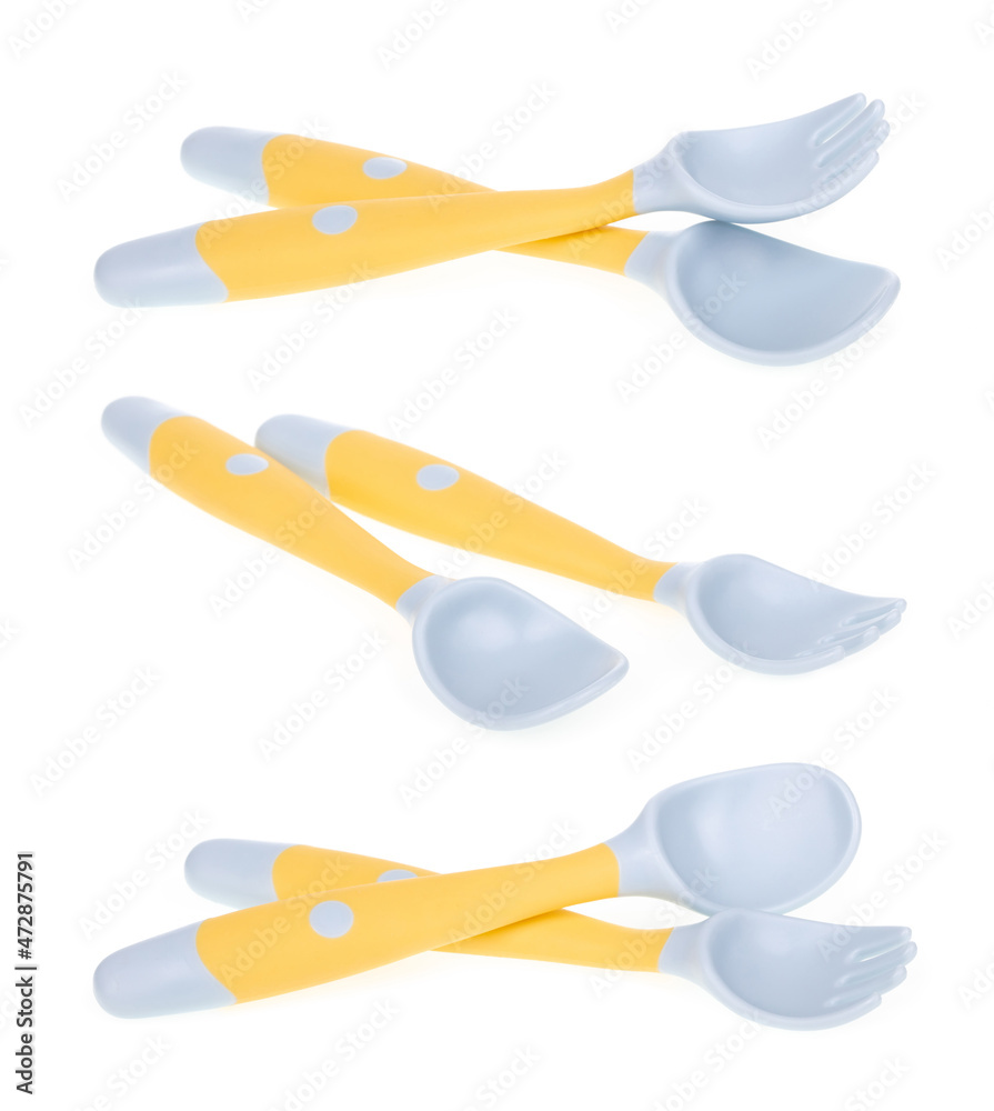 Collection of Bendable kids training Spoon Fork Set isolated on white background. Collection of Bendable kids training Spoon Fork Set isolated on white background.