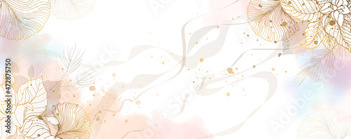 Luxurious golden wallpaper. Banner with white background blue and pink watercolor stains. Golden Poinsettia leaves wall art with a shiny light texture. Modern art mural wallpaper. Vector illustration.