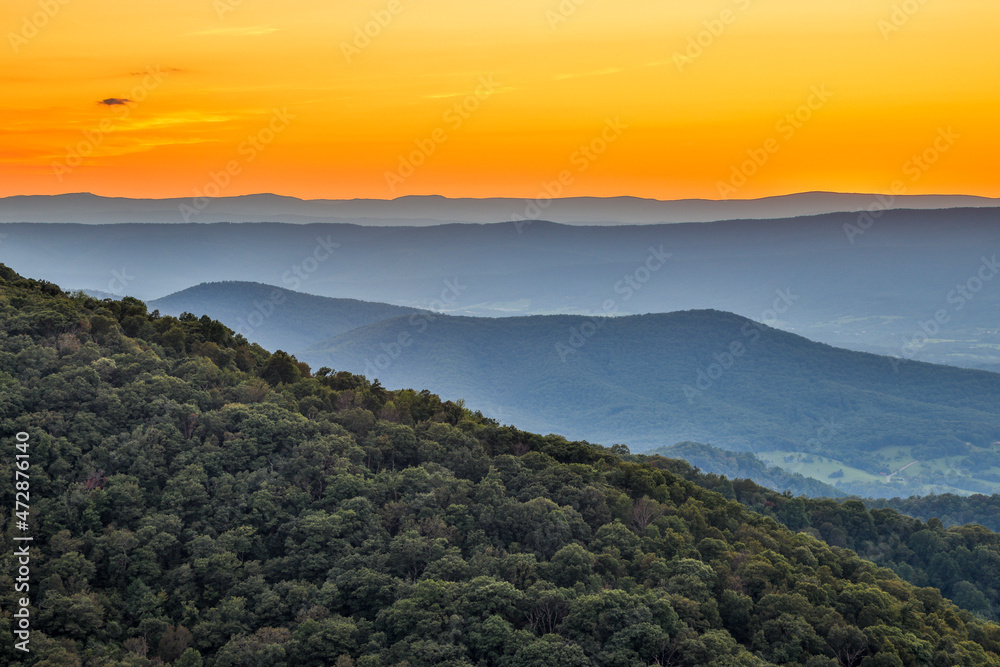 USA, Virginia, Shenandoah National Park, sunset at Franklin Cliffs
