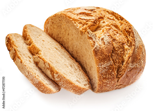 Freshly baked Bread with crumbs isolated on white background. Sliced, cutted wheat bread.