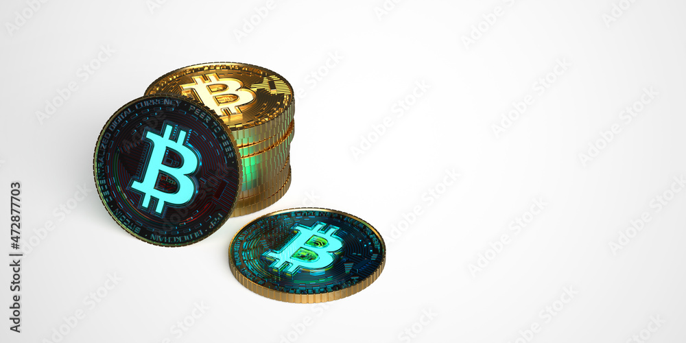 Stack of golden blue bitcoin coins on a white background mockup. 3d render illustration. Stack of golden blue bitcoin coins on a white background mockup. 3d render illustration.