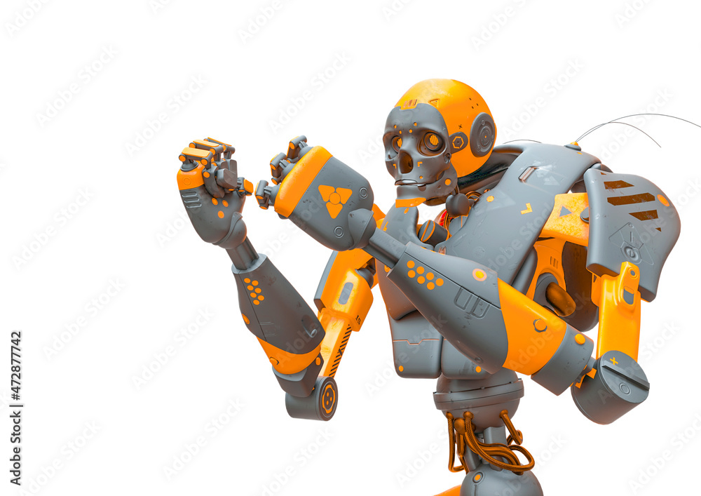 skull bot is ready for war in a white background