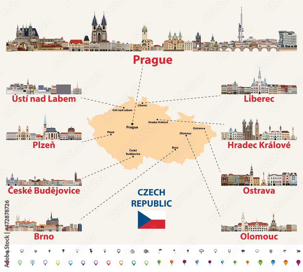 Map of Czech Republic with main cities skylines vector illustration