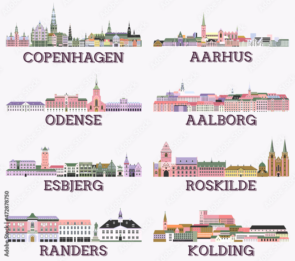 Denmark main cities cityscapes in rich pastel bright colorful palette