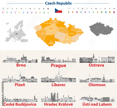Czech Republic skylines in grayscale color palette. Flag and map of Czech Republic