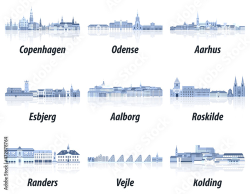 Denmark main cities cityscapes in tints of blue color palette