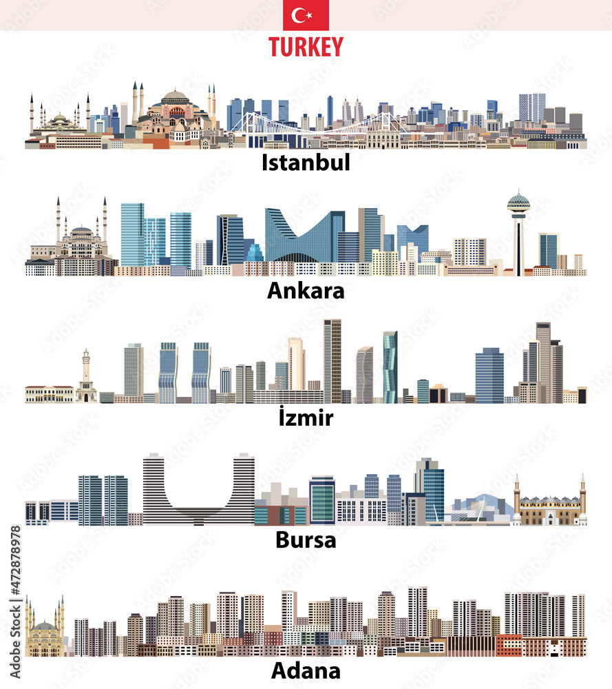 Naklejka premium Turkish biggest cities isolated skylines vector set