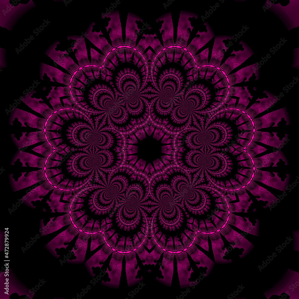 Mandala auf schwarzem Hintergrund mit Neon-Pink farbenen Strukturen