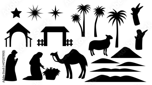 Holy night of birth of child jesus christ silhouette scene from religion christianity nativity scene. Biblical Religious History of Catholics. Cut for scrapbooking and print. Vector illustration.
